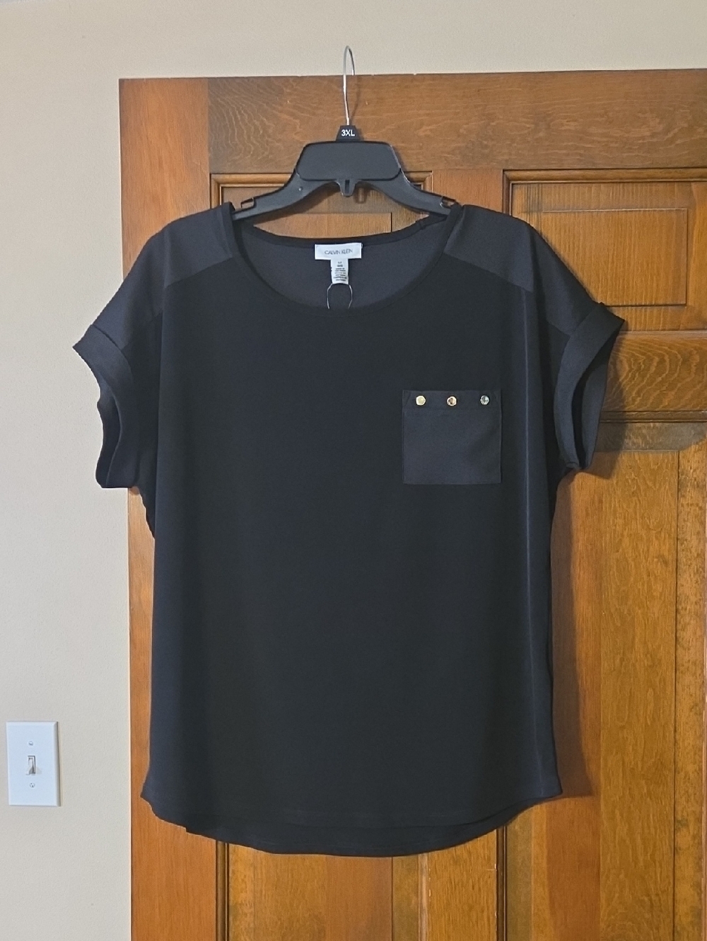 Calvin Klein Black Short-Sleeve Pocket Tee with Gold Studs